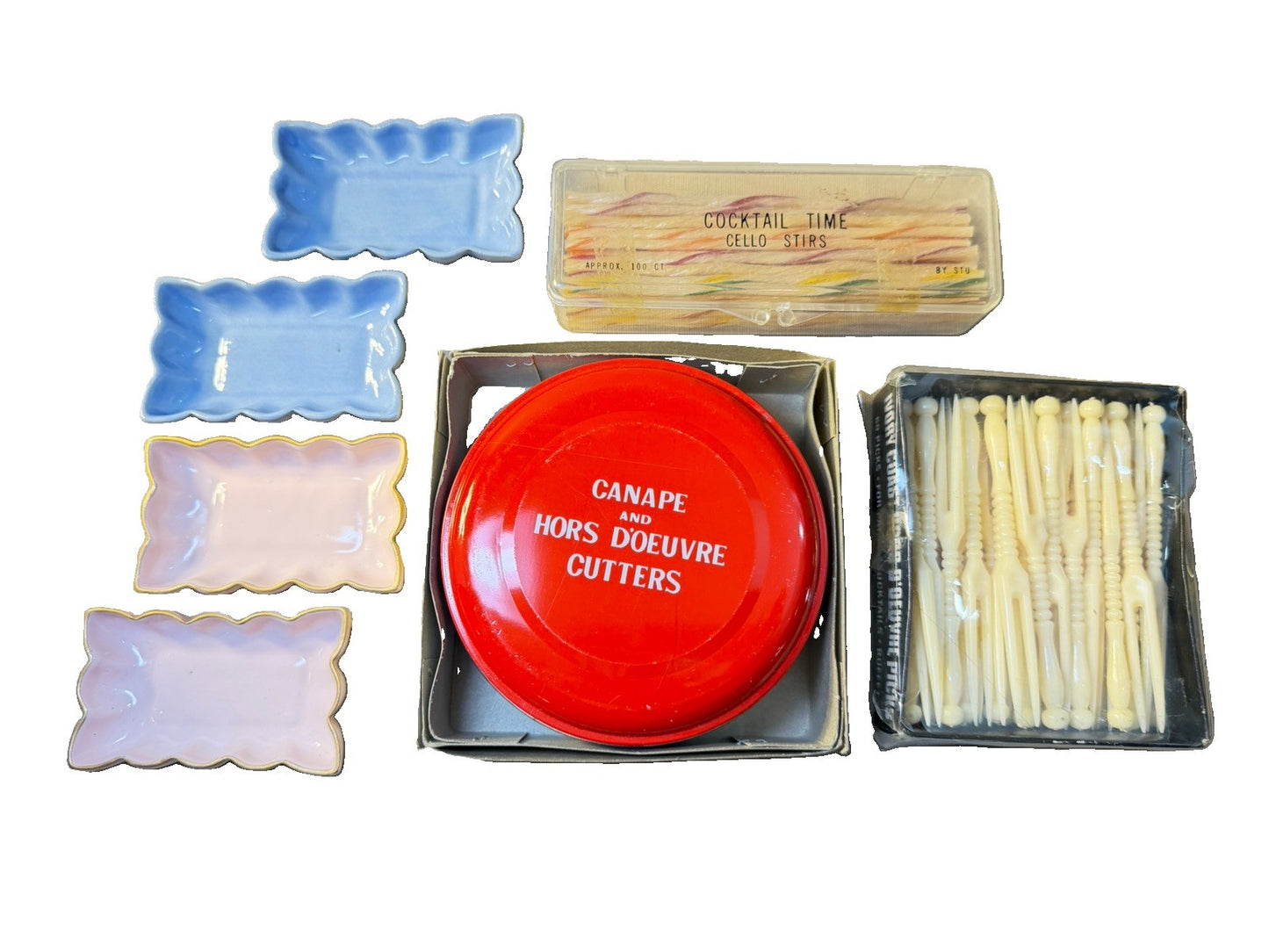 Vintage Cocktail Canape Cutters Picks Cello Stirs Tray Party Barware Mixed Lot