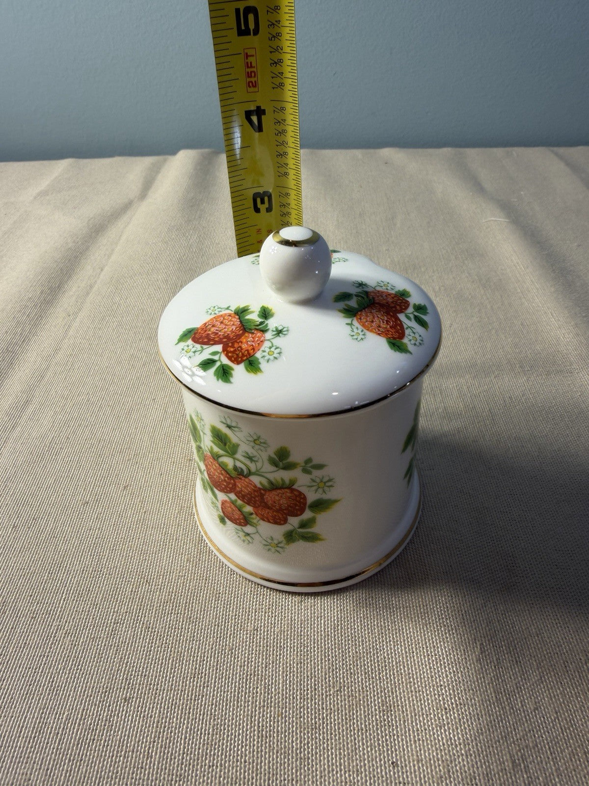 Fortnum Mason London Strawberry Porcelain Lidded Jam Jar Gold Trim England Decor