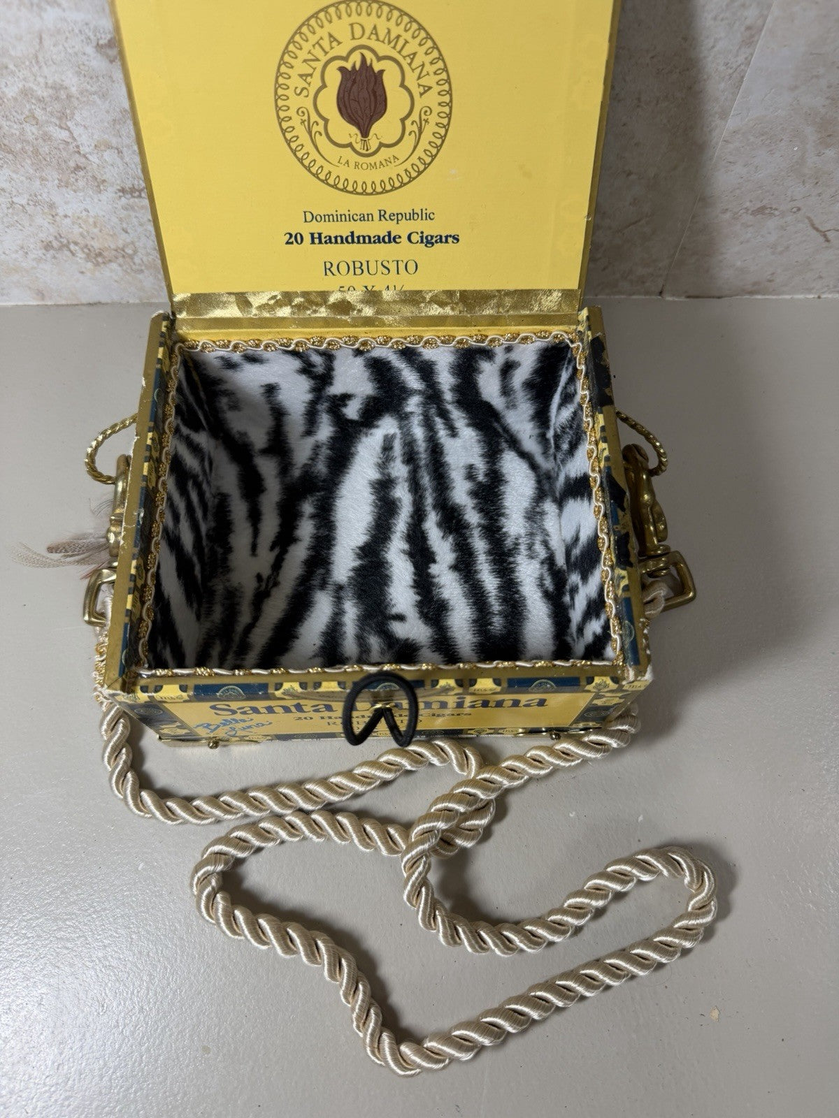 Santa Damiana Robusto Upcycled Cigar Box Purse Toile Fabric Handle Zebra Lining