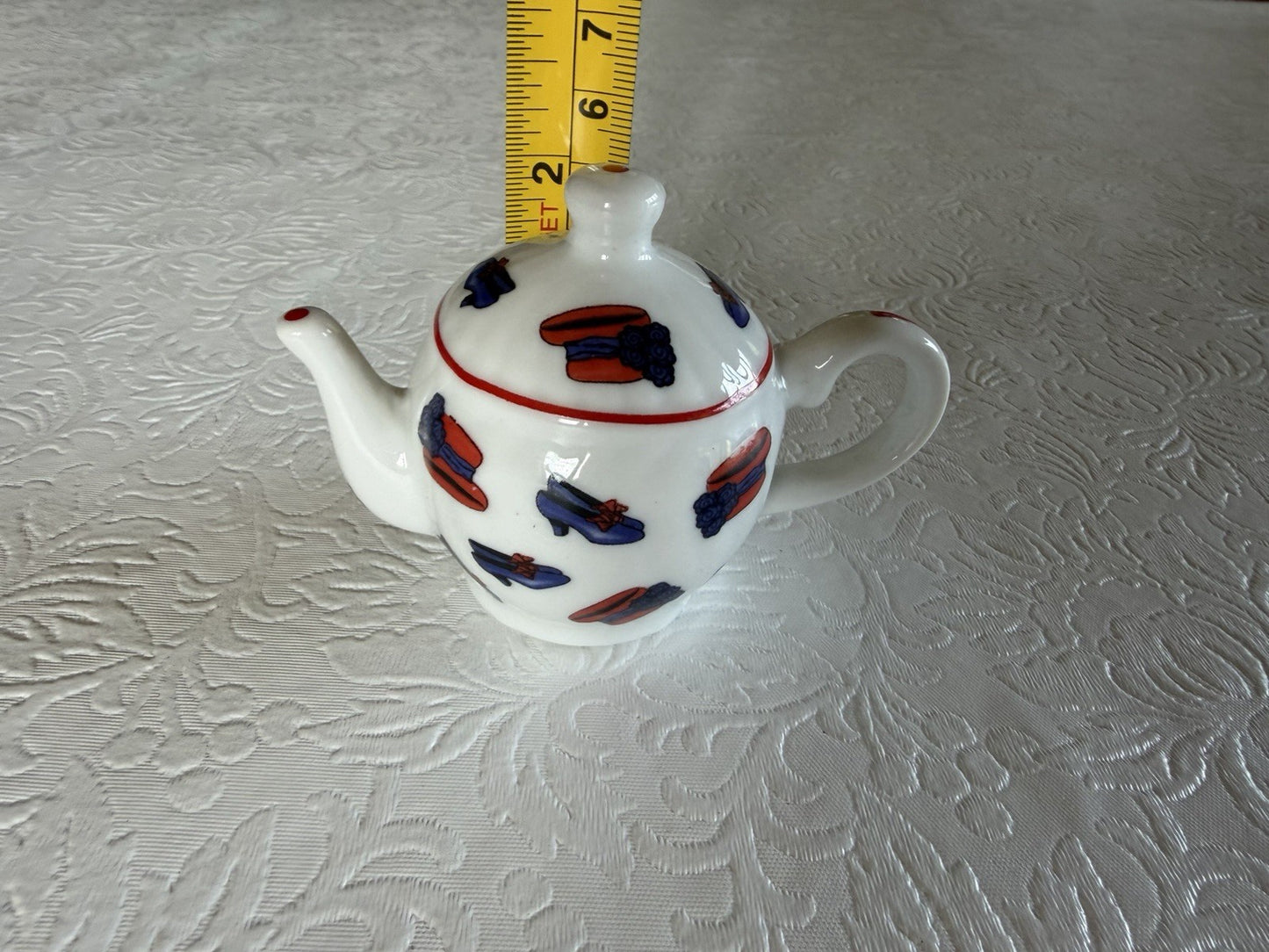 Red Hat Society Miniature Ceramic Teapot Ornament Red Purple Motif Collectible