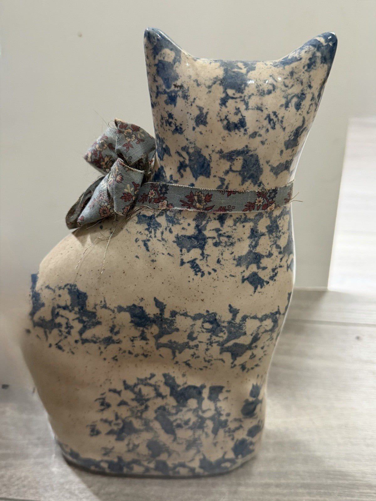 Katy’s “Country Charm” Ceramic Cat Figurine by Karen, blue floral pattern