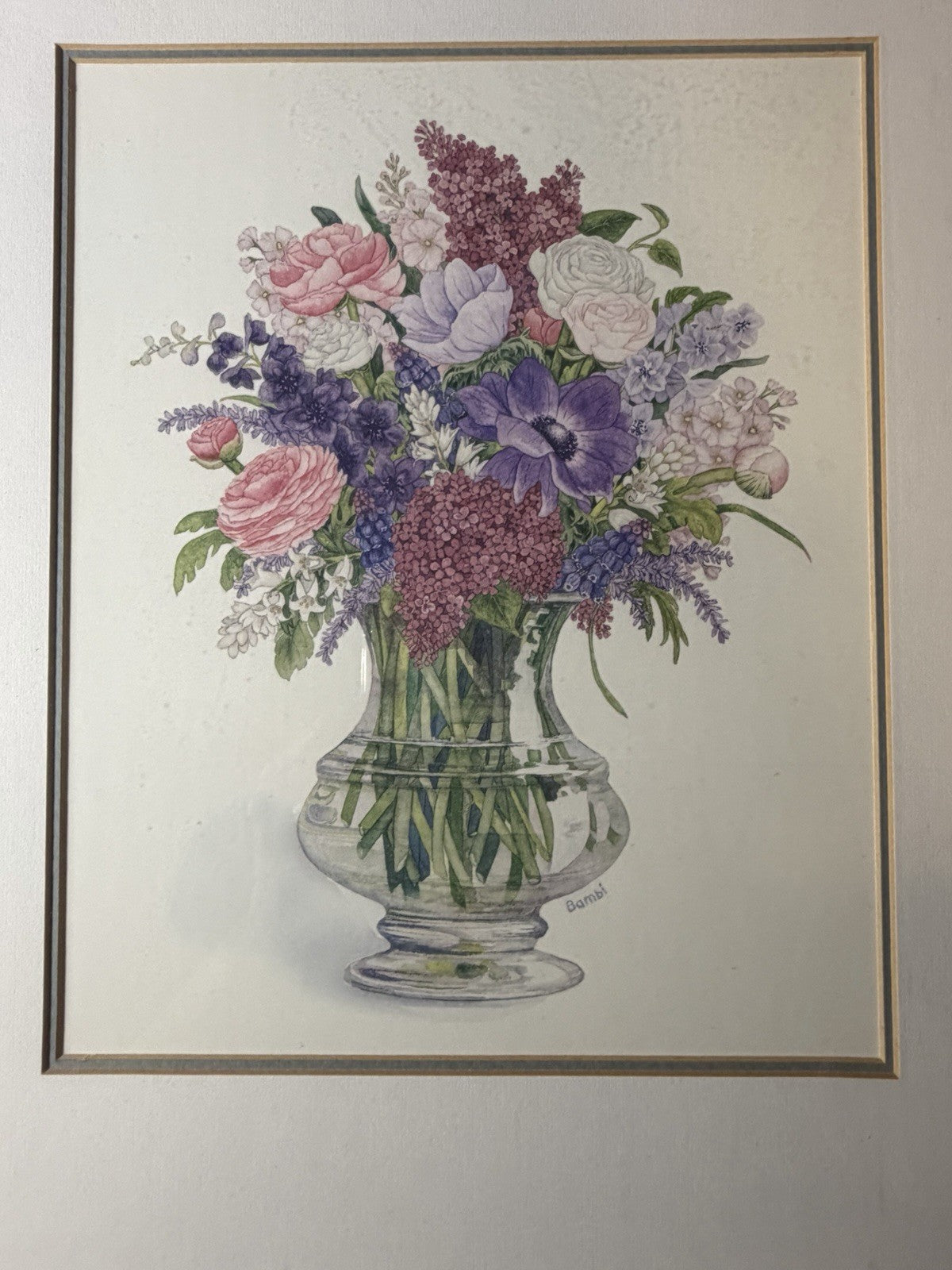 Anemone Bouquet Watercolor Bambi Papais Rope Design Framed Art 16x18