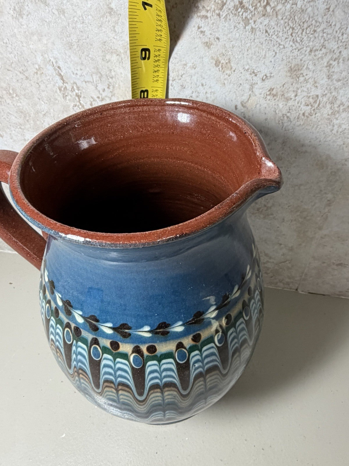 Vintage Mexican Folk Art Pottery Pitcher Salt Bowls Set Blue Brown Hand Painted
