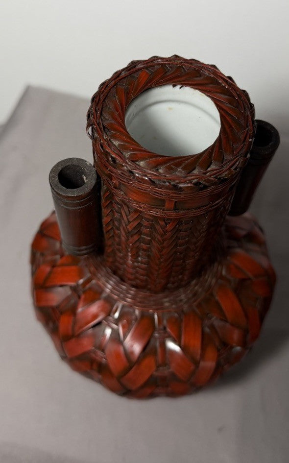 Vintage Japanese Ikebana Vase Bamboo Woven Pair Porcelain Inserts Set of 2