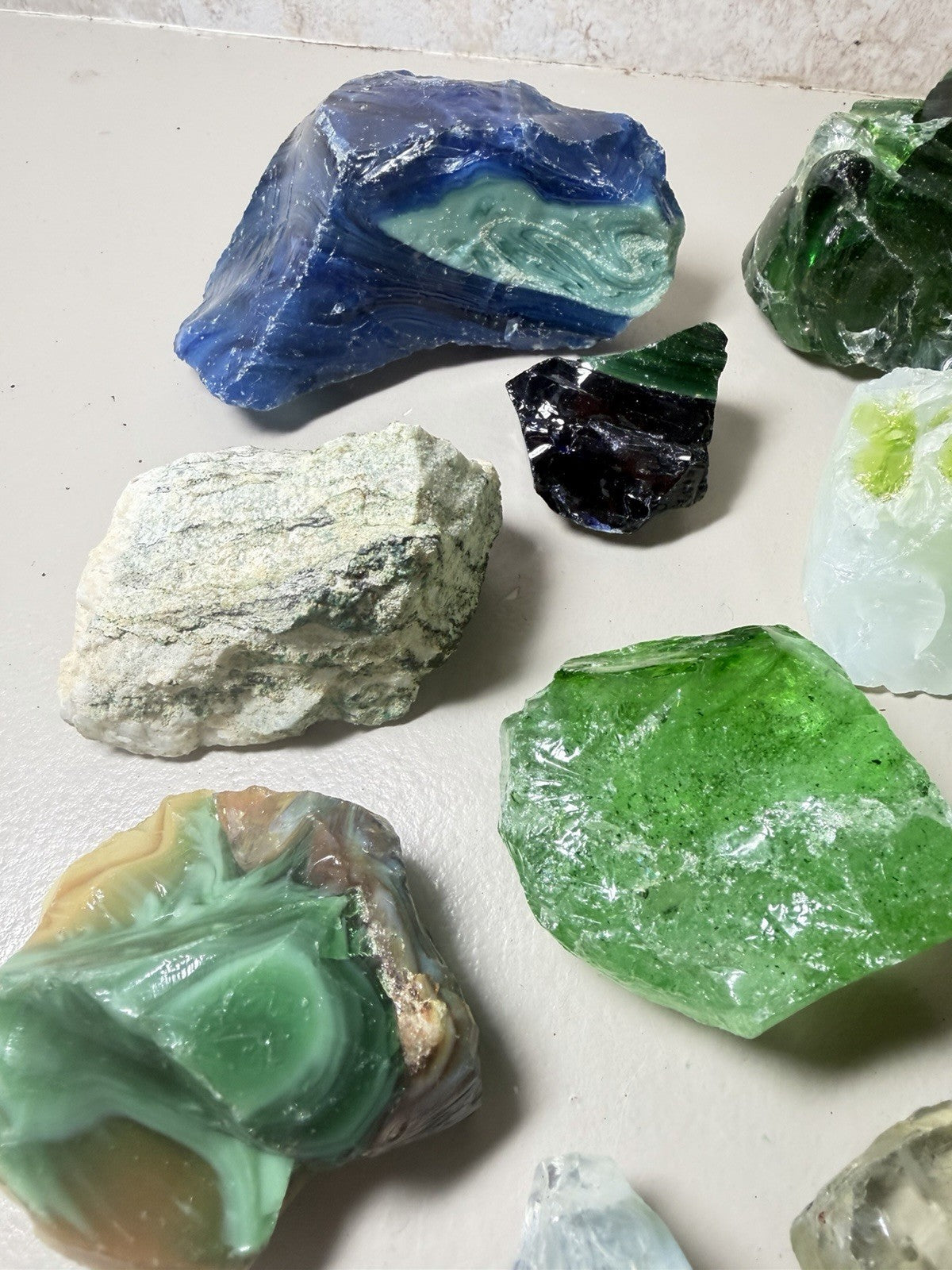 Raw Slag Glass Cullet Chunks Green Blue White Craft Stones Lot of 15 items