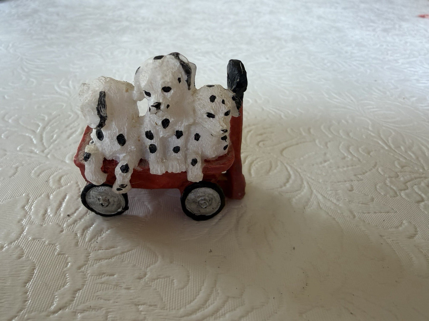Vintage Dalmatian Puppy Figurine Lot 4pc Wind Up Musical Music Box Red Wagon