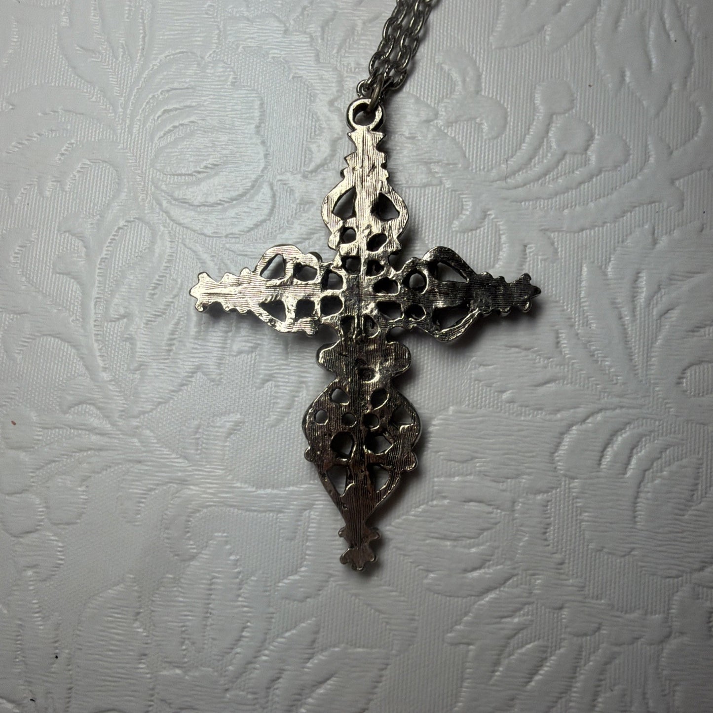 Vintage Gothic Cross Pendant Necklace Silver Tone Faux Turquoise Cabochons Large