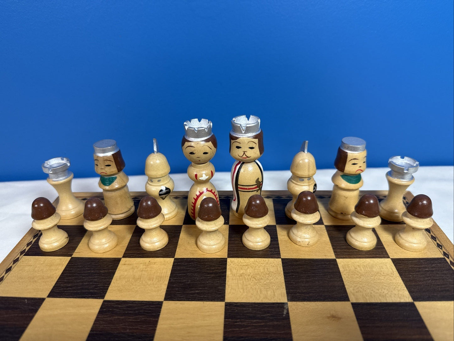 Vintage Japanese Kokeshi Wood Chess Set Hand Painted Pieces Folding Board Boxes
