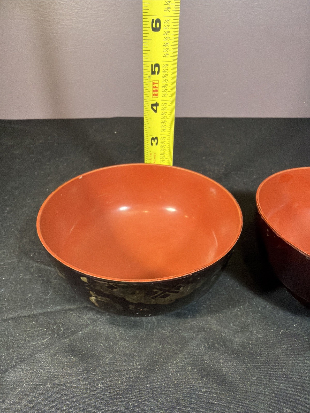 Japanese Lacquer Bowls Set of 2 Black Red Gold Leaves Miso Soup Rice 4.5”