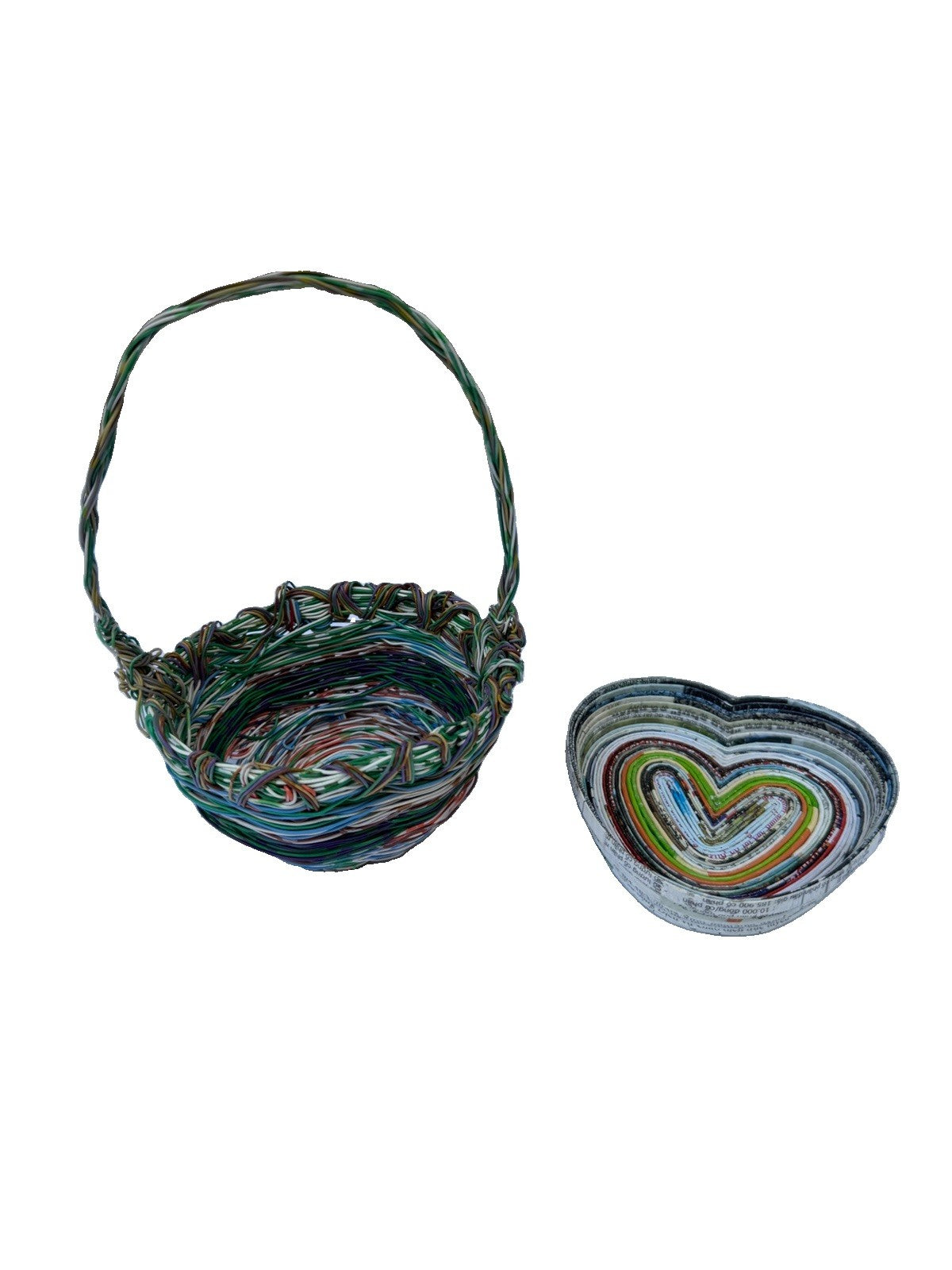 Handmade Recycled Telephone Wire Basket Coiled Newspaper Heart Dish Set Eco Art