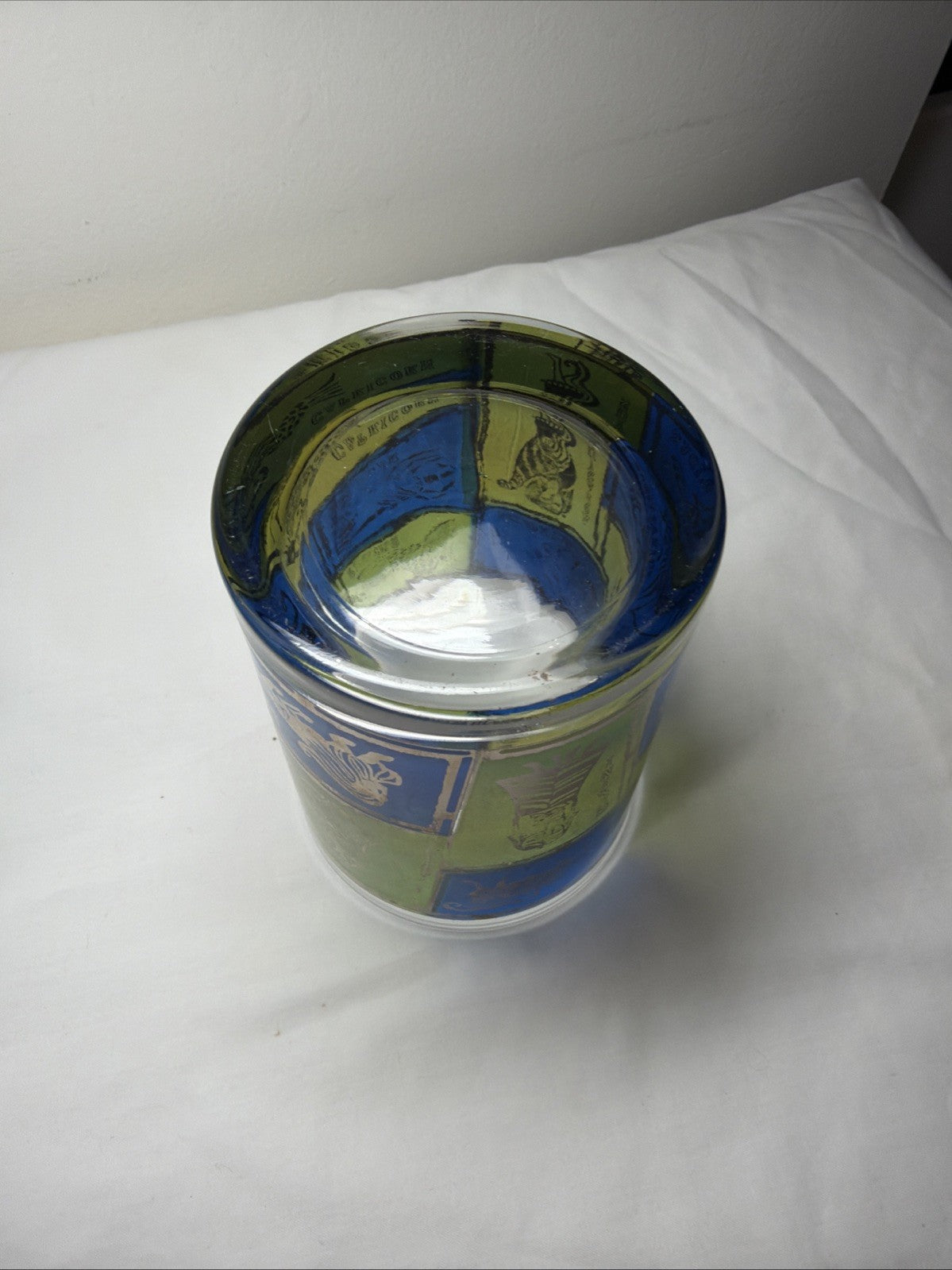 Vintage Mosaic Zodiac Cocktail Highball Glass Blue Gold 4"