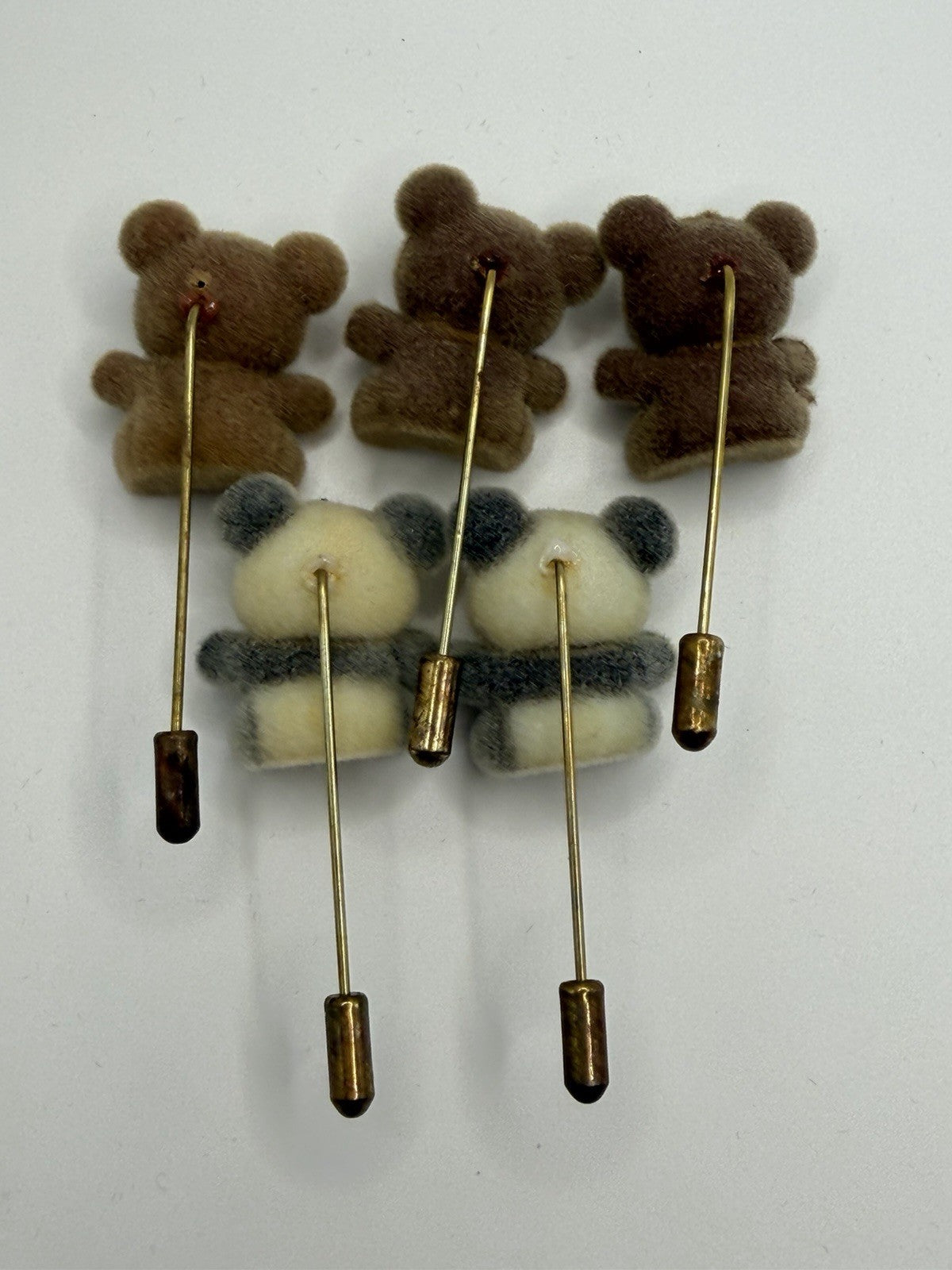 Vintage Flocked Teddy Bear Panda Lapel Stick Pins Hat Scarf Jewelry Lot of 5