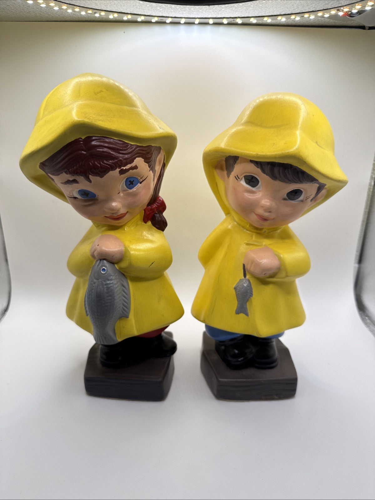 Vintage 1971 Ceramic Fishing Boy & Girl In Yellow Rain Coats So Cute!