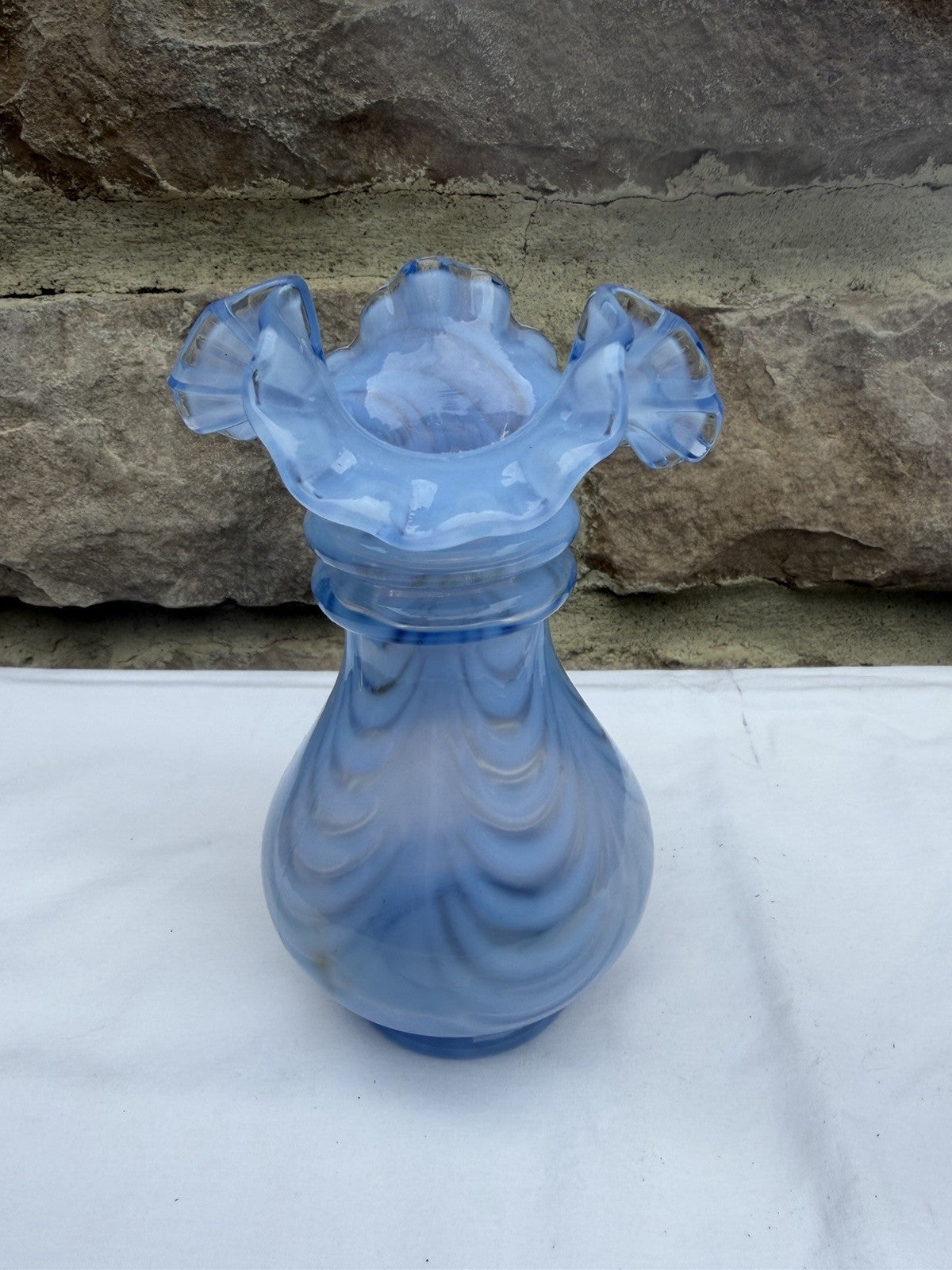 Vintage Fenton Blue Opalescent Drapery Vase Ruffled Tri-Fold Crimped Edge 6"