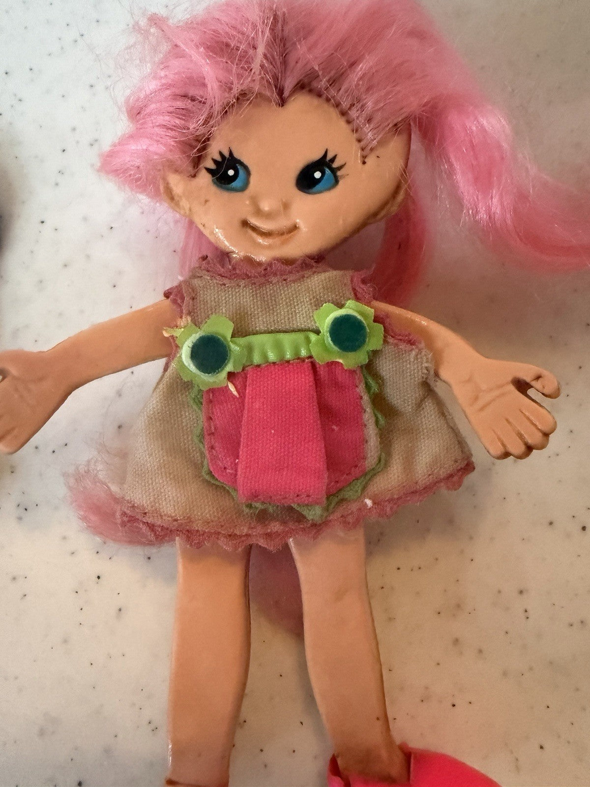 Vintage 1969 Ideal Flatsy Doll Pink Hair Blue Eyes with Original Outfit 4.5"
