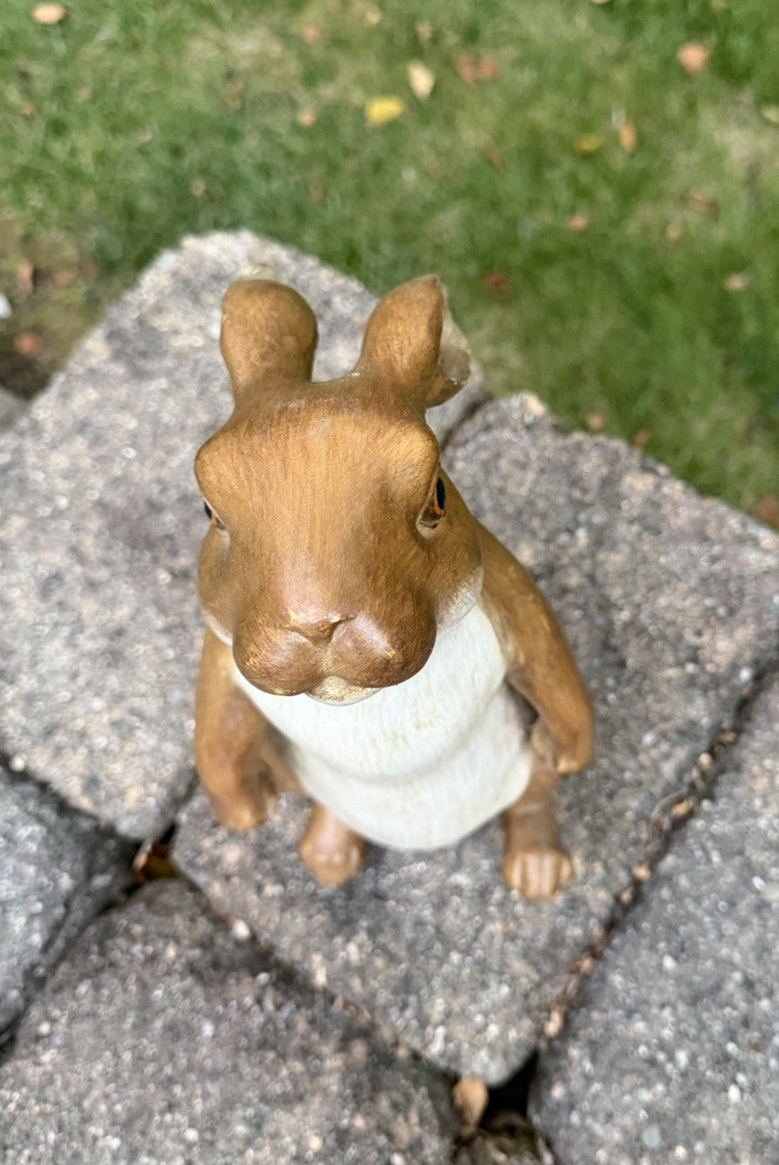Vintage Faux Wood Carved Rabbit Statue 12.5" Standing Resin Bunny Figurine Eyes