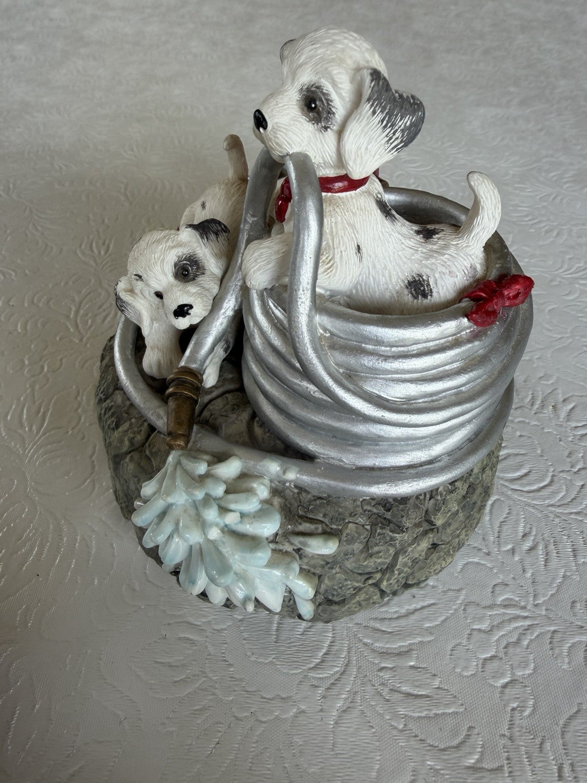 Vintage Dalmatian Puppy Figurine Lot 4pc Wind Up Musical Music Box Red Wagon