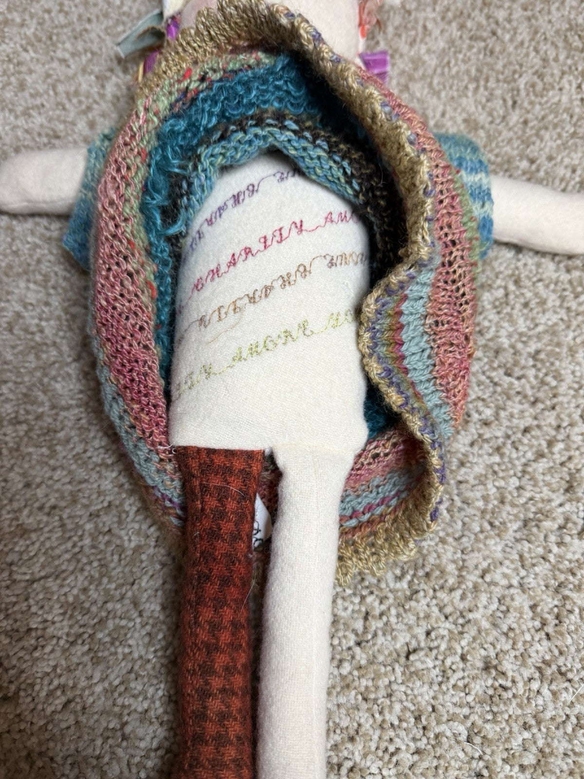 Handmade Art Doll Rag Doll Embroidered Body Knit Dress Hair Ribbon Collar Folk