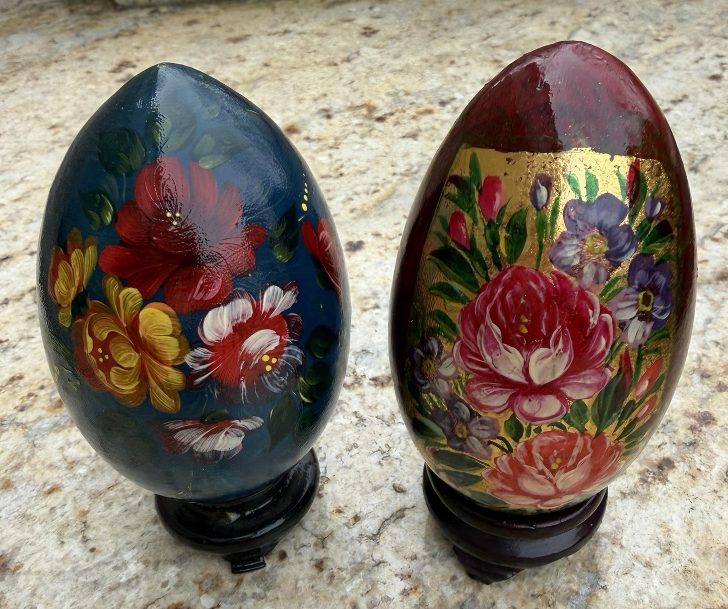 Zhostovo Hand Painted Lacquerware Wooden Eggs Floral With Stands