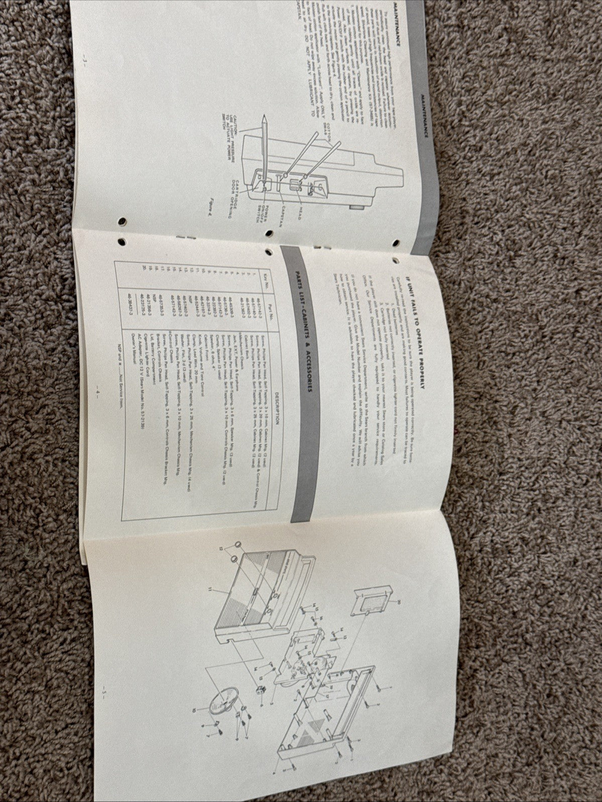 1972 Sears Portable 8 Track Tape Player Original Owner Manual Service Guide