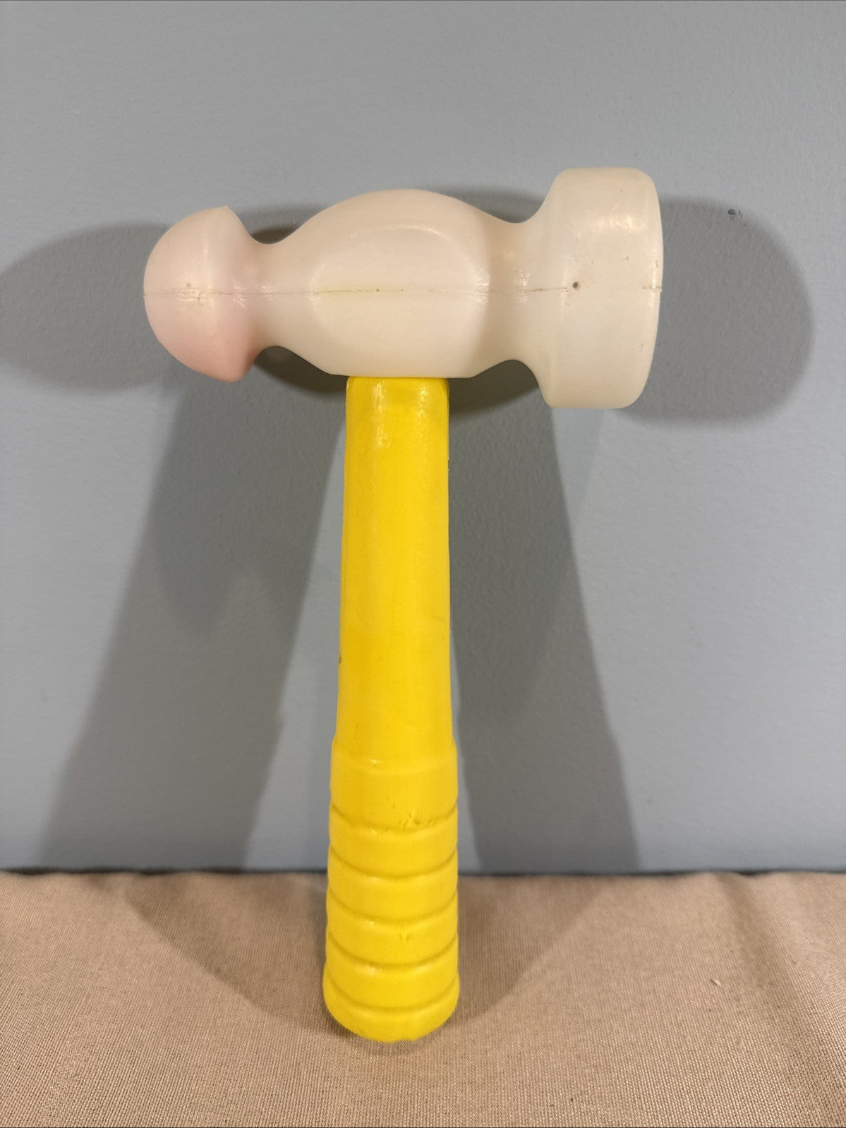 Vintage Baby Rattle Hammer Plastic Yellow White Infant Toy 1975
