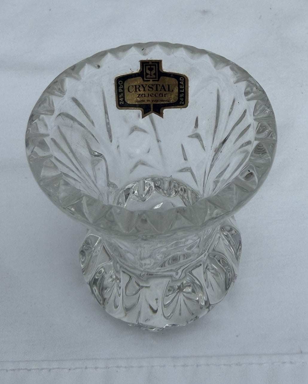 Vintage Zajecar Yugoslavia 24% Lead Crystal Mini Bud Vase Toothpick Holder Label