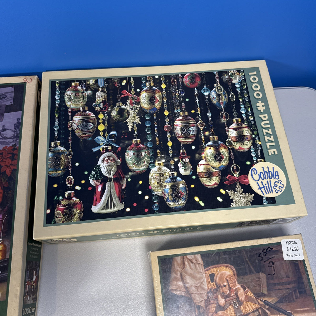 Cobble Hill Lot of 4 - 1000 Piece Christmas Jigsaw Puzzles Santa Dogs Ornament