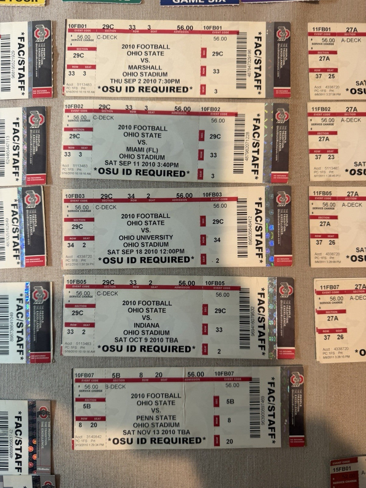 2005-2015 Ohio State Buckeyes Football Ticket Stub Faculty Staff seats Lot of 44