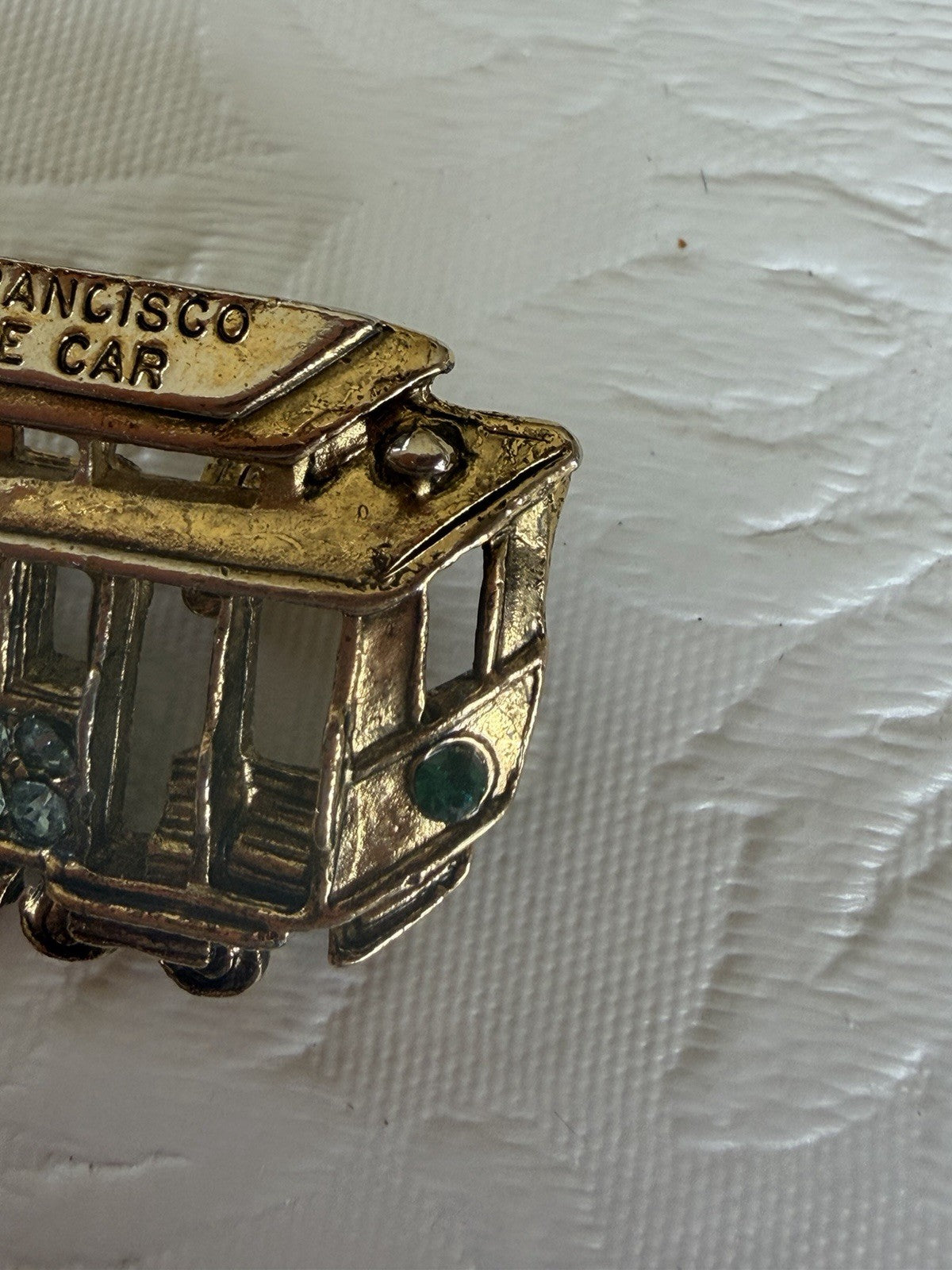 Vintage San Francisco Cable Car Brooch Gold Tone Blue Rhinestone Souvenir Pin