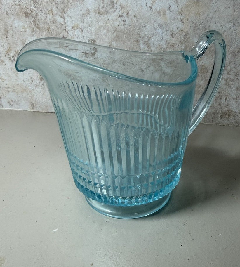 Vintage Blue Pressed Glass Pitcher Creamer Fluted Diamond Pattern Tableware