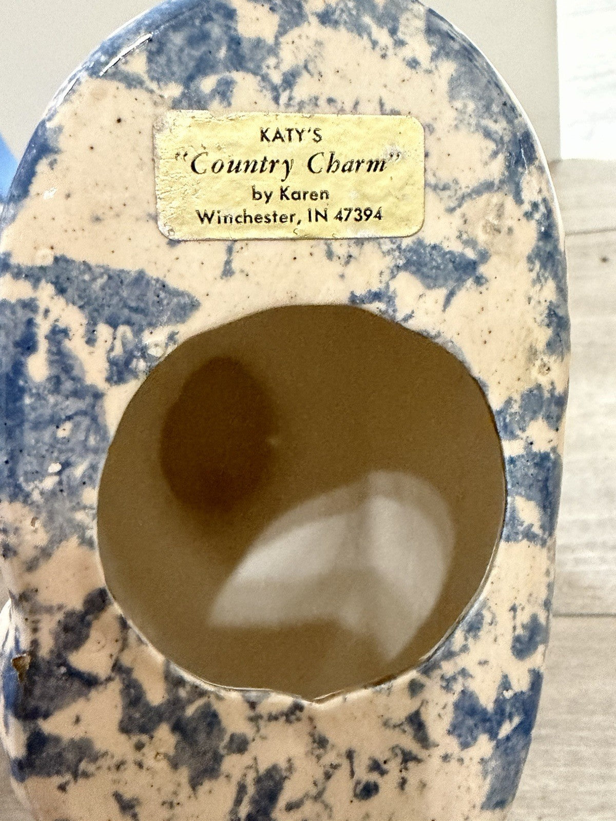 Katy’s “Country Charm” Ceramic Cat Figurine by Karen, blue floral pattern