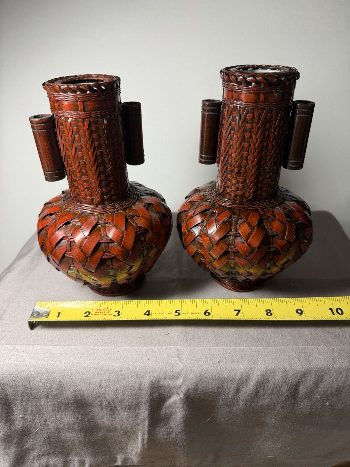 Vintage Japanese Ikebana Vase Bamboo Woven Pair Porcelain Inserts Set of 2