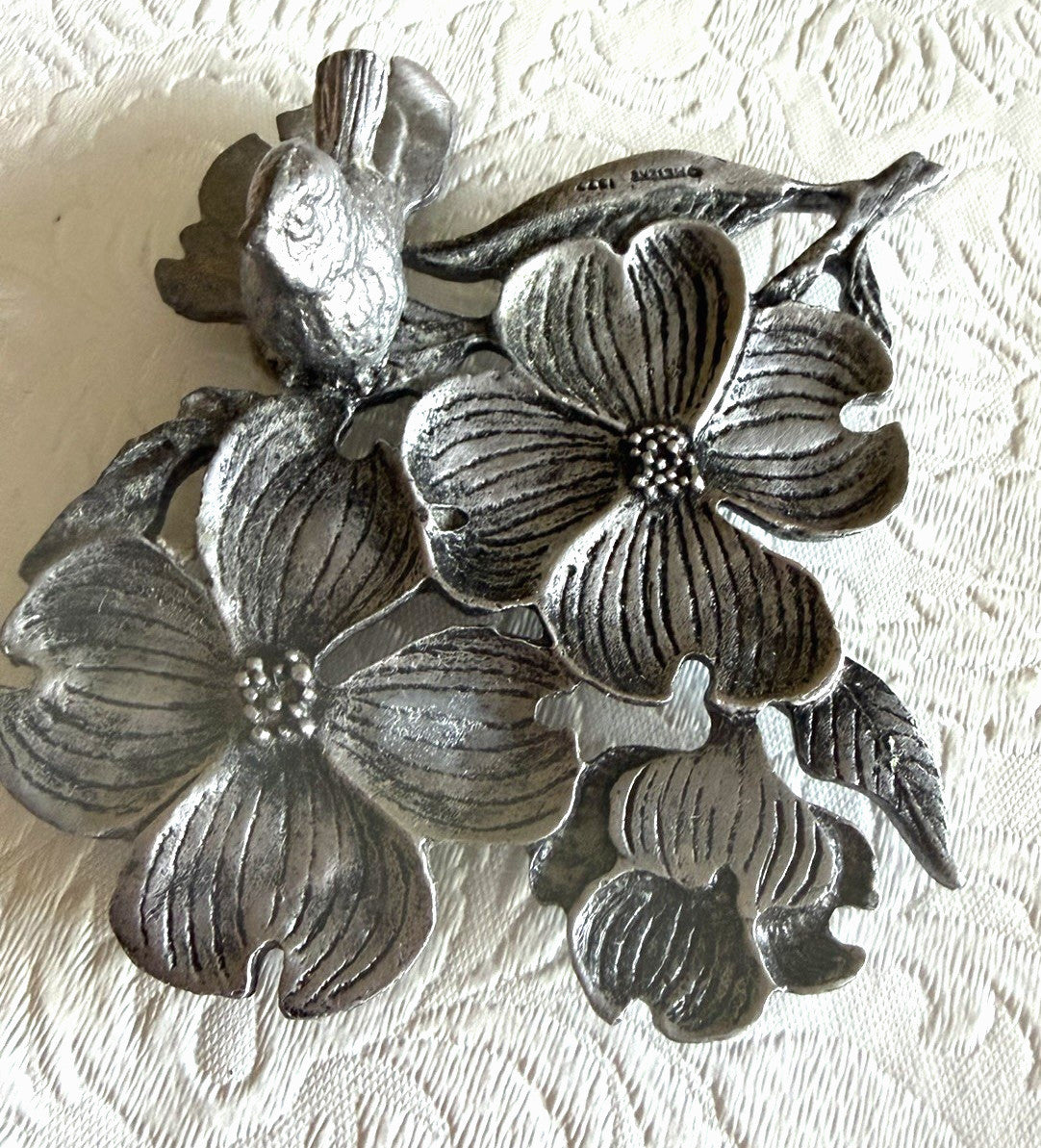 Metzke Pewter 1977 Bird on Dogwood Flowers Figurine Signed #751 Vintage Plaque