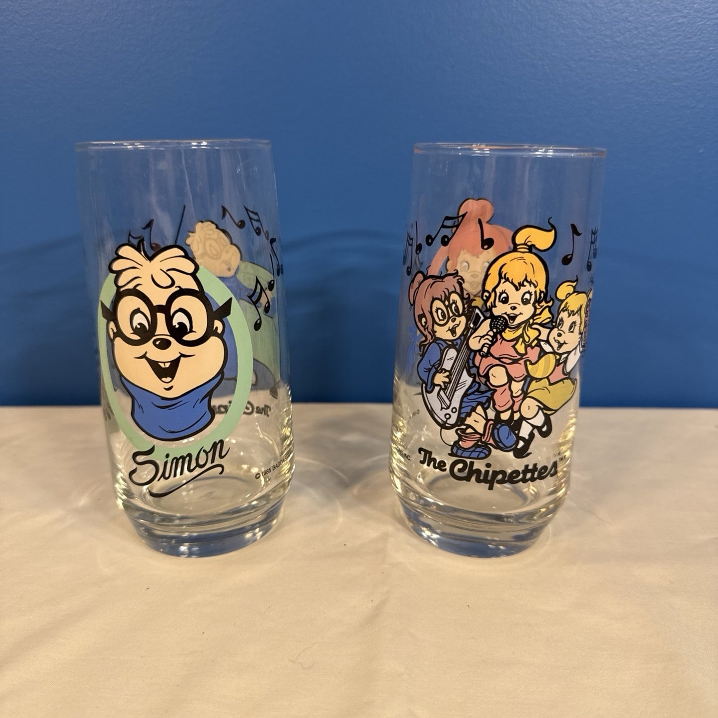 Vintage 1985 Alvin and the Chipmunks Glasses Simon Chipettes Set of 2 Hardees