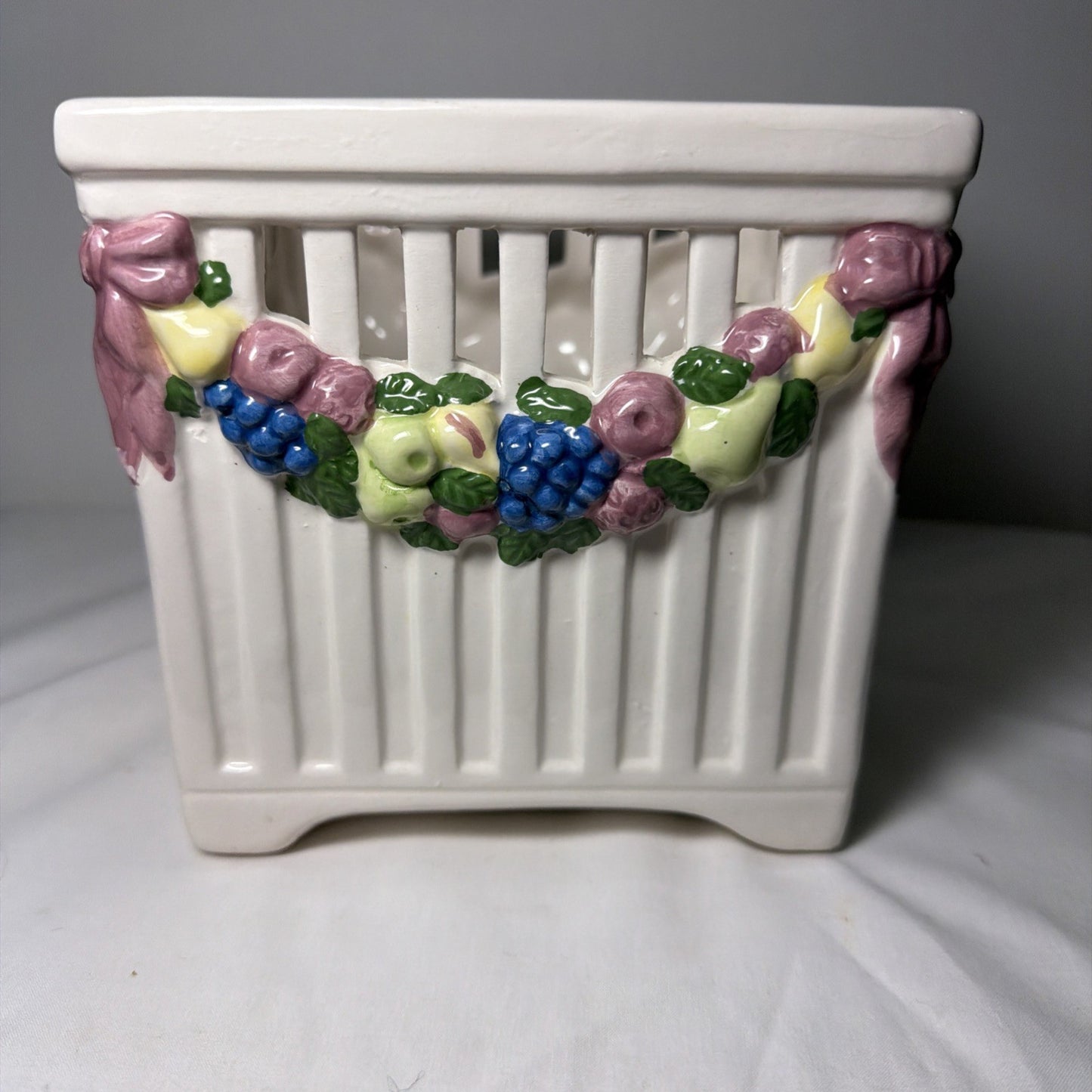 Ceramic Swag Planter Reticulated Square Fruit Design 5.5”