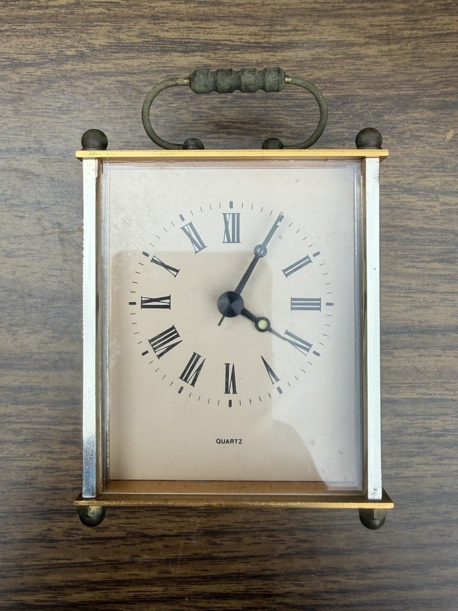 Vtg Mini Brass Carriage Clock Gold Silver Tone Quartz Roman Numeral Desk Shelf
