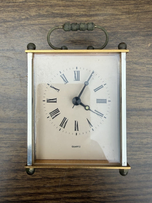 Vtg Mini Brass Carriage Clock Gold Silver Tone Quartz Roman Numeral Desk Shelf