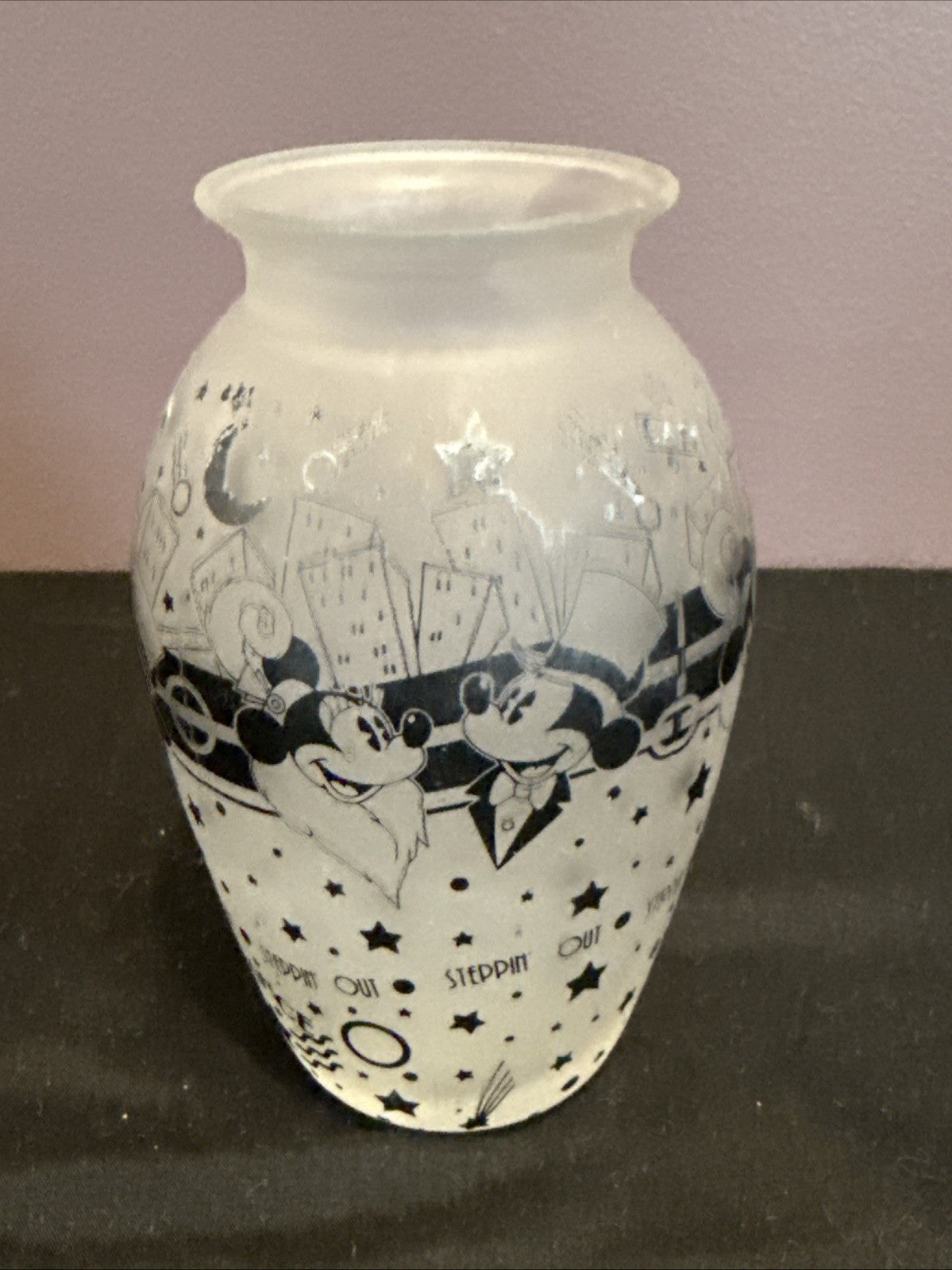 Disney Mickey Minnie Steppin Out Frosted Glass Vase Black White 5.5"