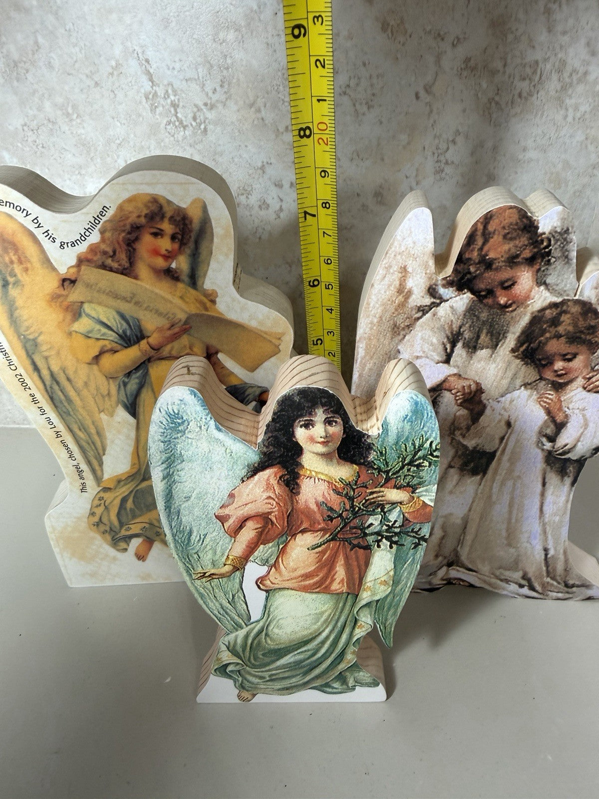 Handcrafted Wooden Angel Figurines Lot 7 Signed Folk Art Christmas Holiday Decor
