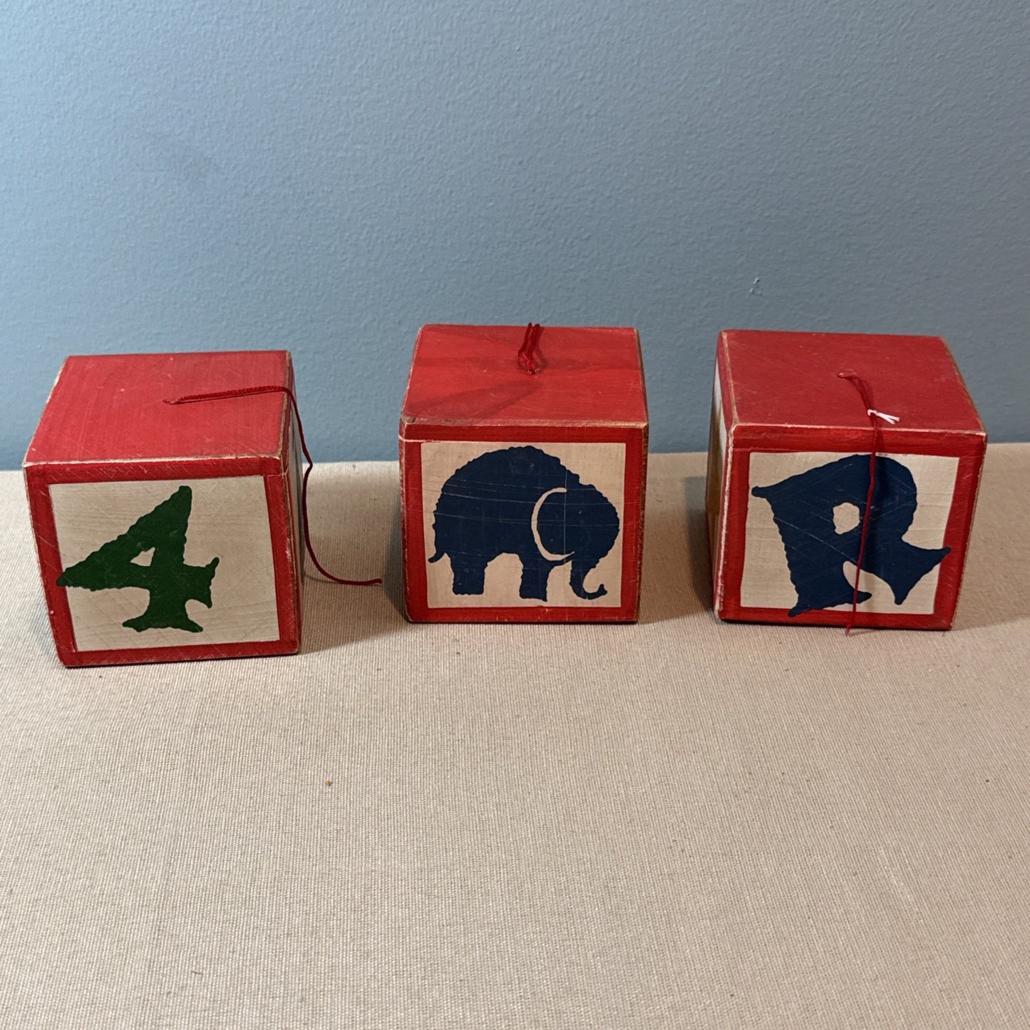 Vintage Wooden Alphabet Animal Christmas Ornaments Set of 3 Blocks 3"x3"
