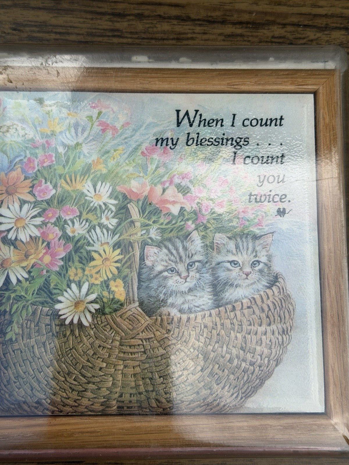 Vintage Sangray Ceramic Tile Trivet Kittens Basket Count My Blessings Flowers