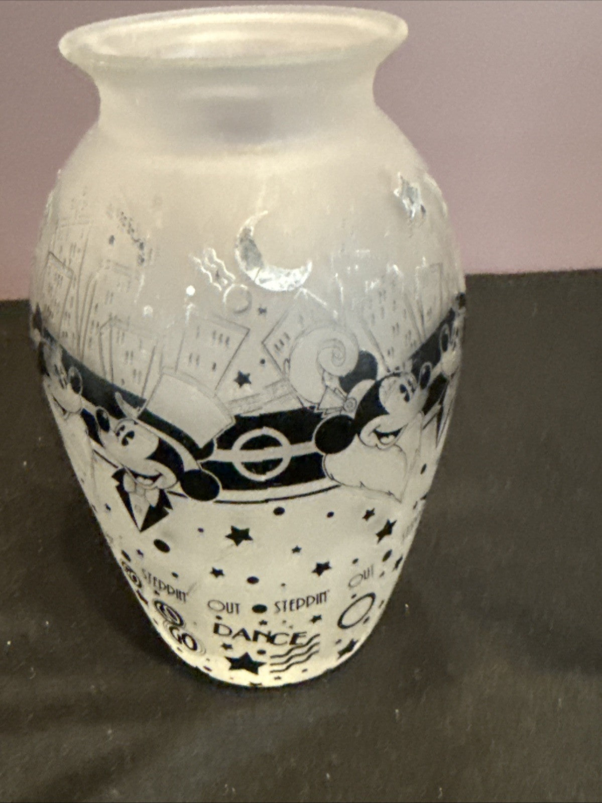 Disney Mickey Minnie Steppin Out Frosted Glass Vase Black White 5.5"