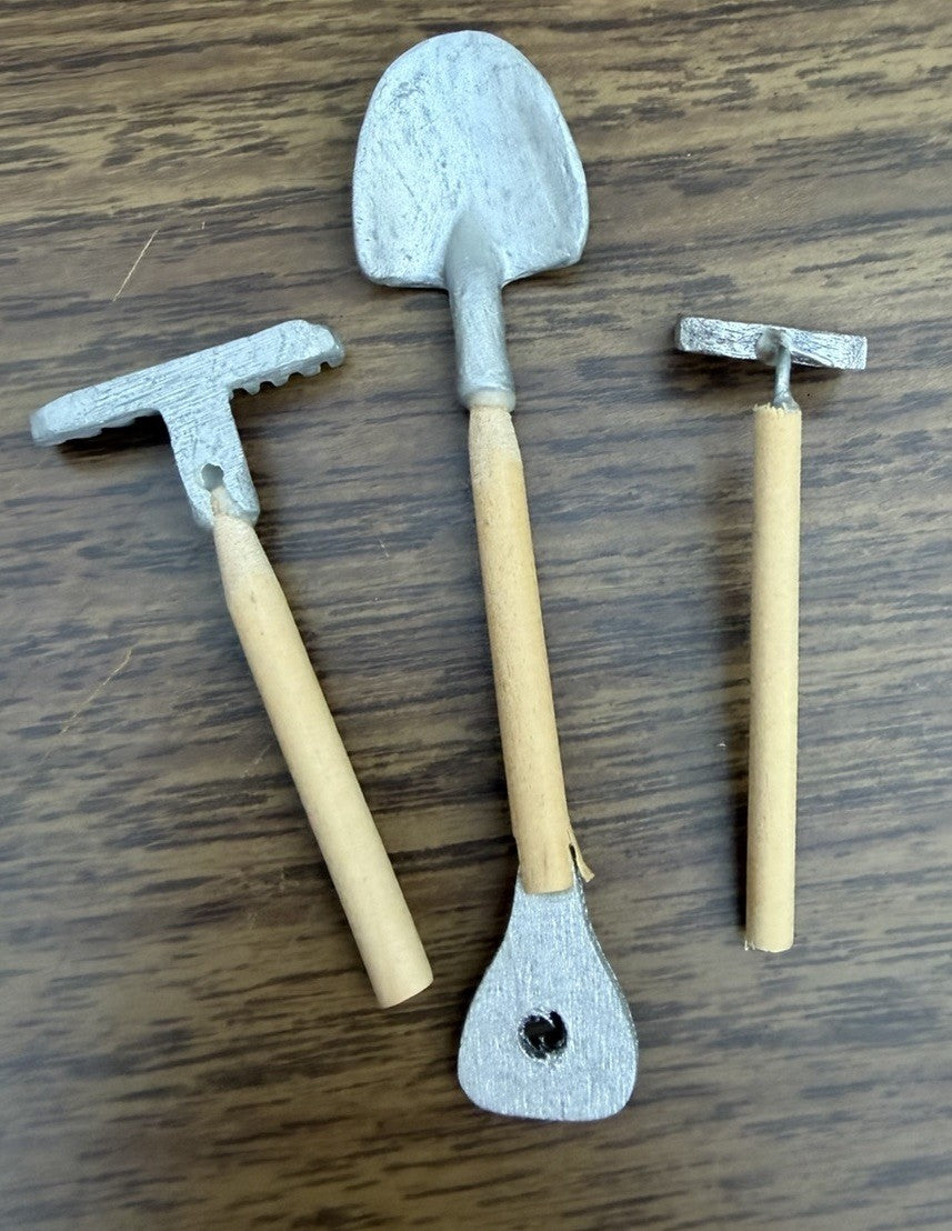 Vintage Dollhouse Miniature Garden Tools Wheelbarrow Rake Shovel 1 12 Scale