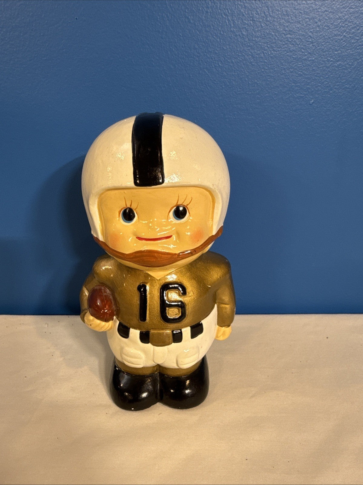 Vintage Football Player Figure Hard Plastic Coin Bank White Gold Uniform 6"