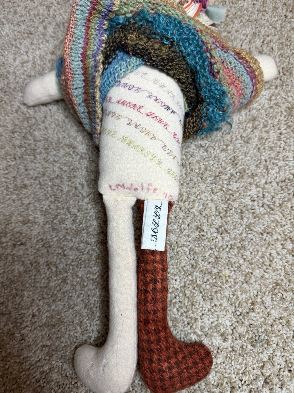 Handmade Art Doll Rag Doll Embroidered Body Knit Dress Hair Ribbon Collar Folk