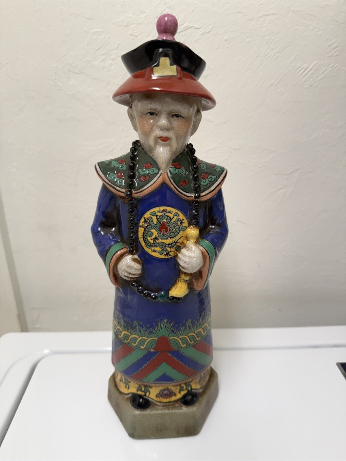 Chinese Qing Dynasty Emperor Statue 14" Handmade Ceramic Crackle Glaze Figurine