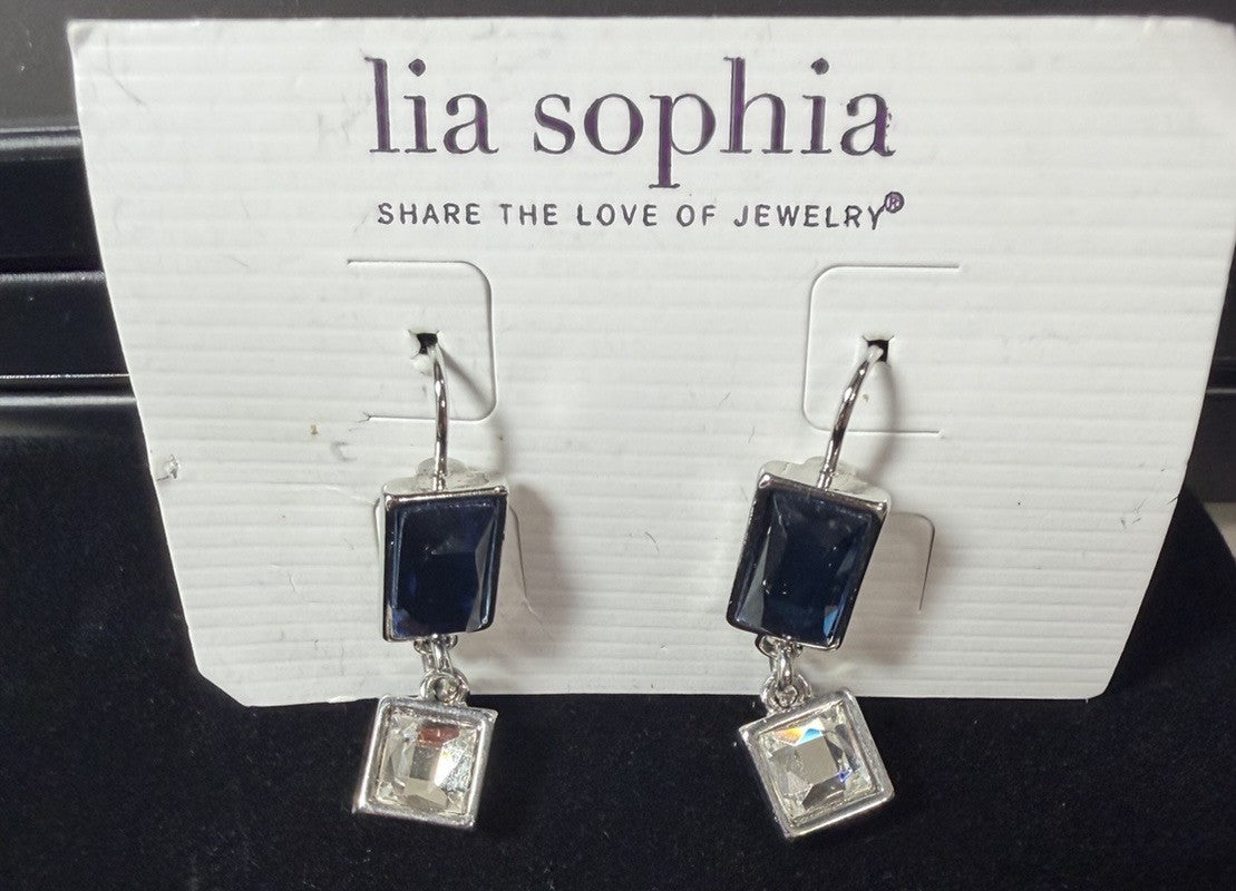 Lia Sophia Blue Clear Crystal Drop Dangle Earrings Silver Tone Jewelry On Card