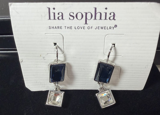 Lia Sophia Blue Clear Crystal Drop Dangle Earrings Silver Tone Jewelry On Card