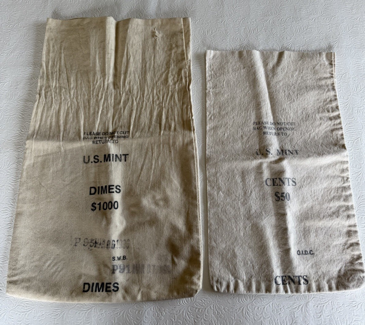 Vintage US Mint Canvas Coin Bags Lot 2 1000 Dimes 50 Cents Money Sacks Treasury
