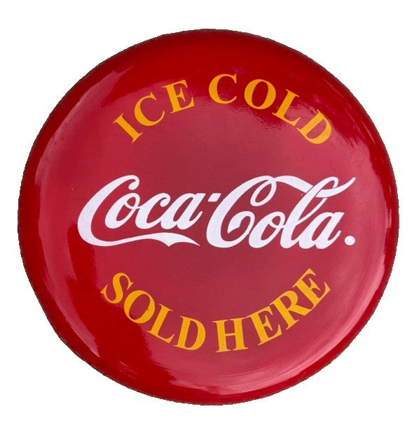 Vintage Coca Cola 12in Button Sign Ice Cold Sold Here Round Red Metal Coke